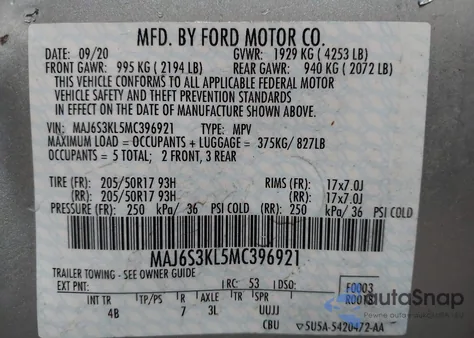 2021 Ford Ecosport Titanium z USA, uszkodzony, nr VIN MAJ6S3KL5MC396921